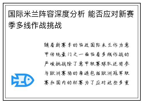 国际米兰阵容深度分析 能否应对新赛季多线作战挑战
