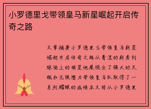 小罗德里戈带领皇马新星崛起开启传奇之路